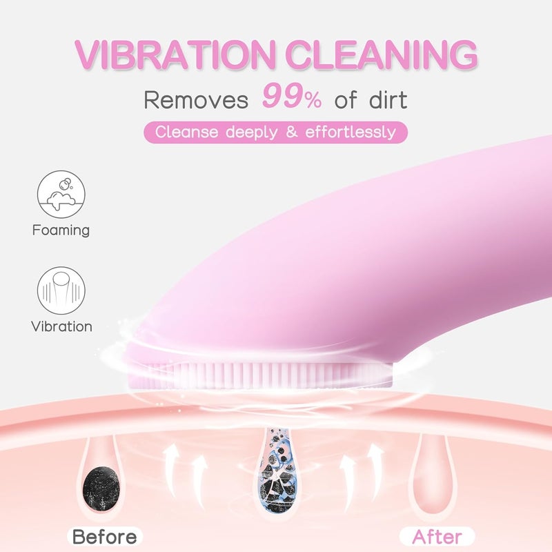 pritech Facial Cleansing Brush, Rechargeable Silicone Face Scrubber with Heat Massage End, Vibrating Exfoliator Scrubber for Deep Cleaning, Waterproof Face Brush for Women and Men (Pink) - Image 2